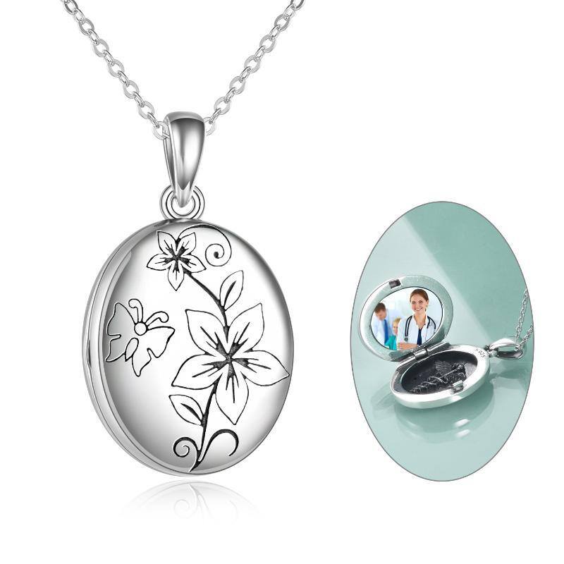 Collier médaillon photo personnalisé en argent sterling avec fleur de pêcher-1