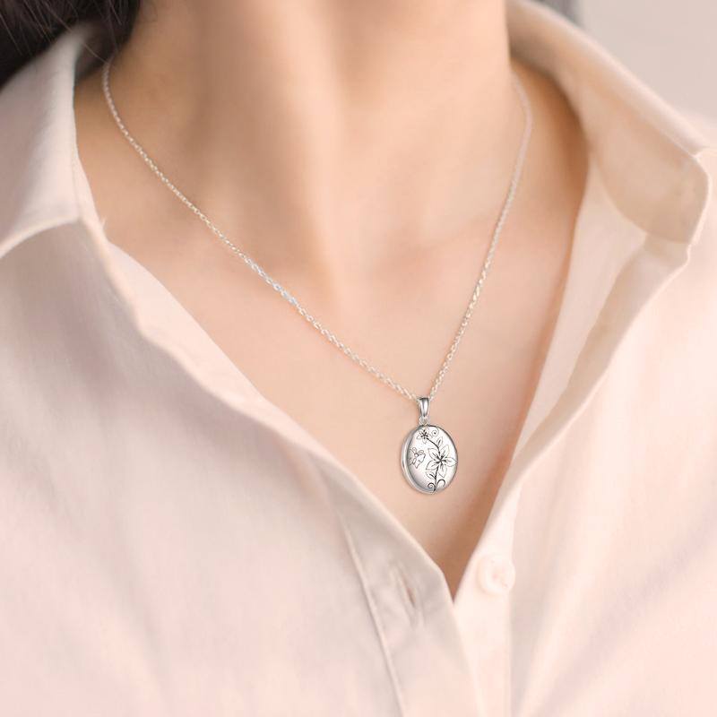 Collier médaillon photo personnalisé en argent sterling avec fleur de pêcher-2