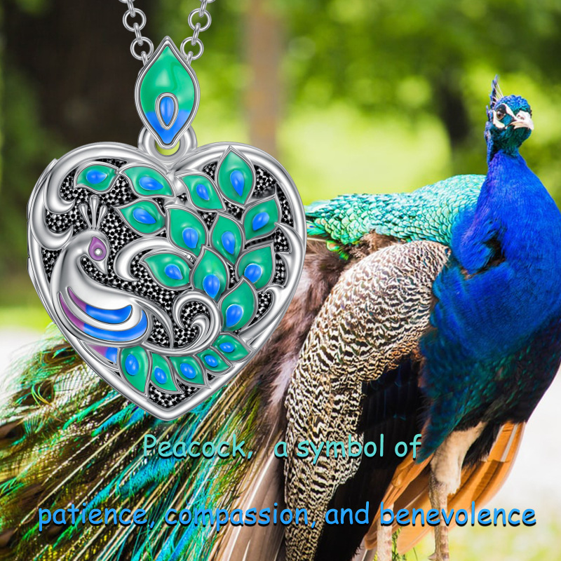 Sterling Silver Peacock Heart Personalized Photo Locket Necklace-6