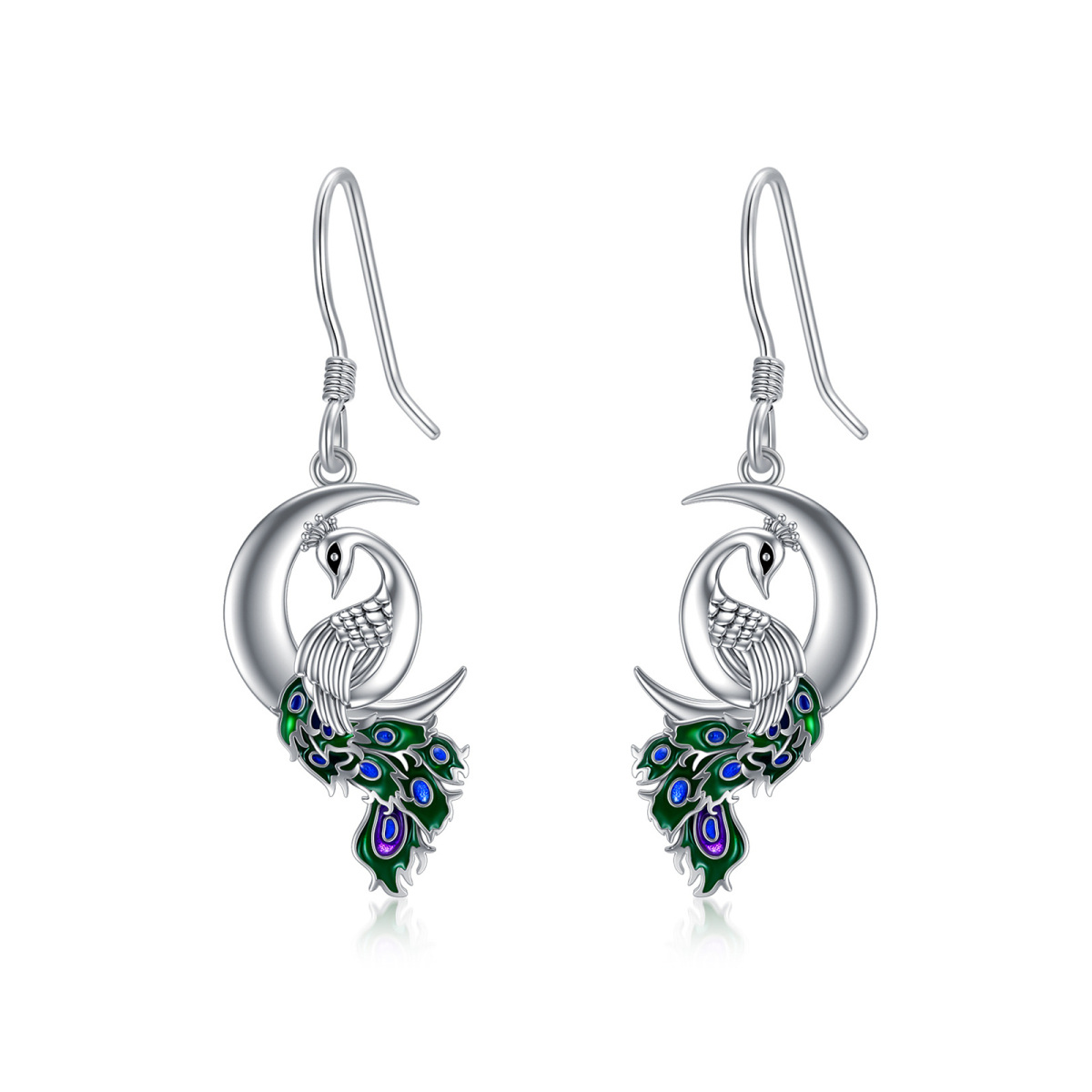 Pendants d'oreilles paon et lune en argent sterling-1