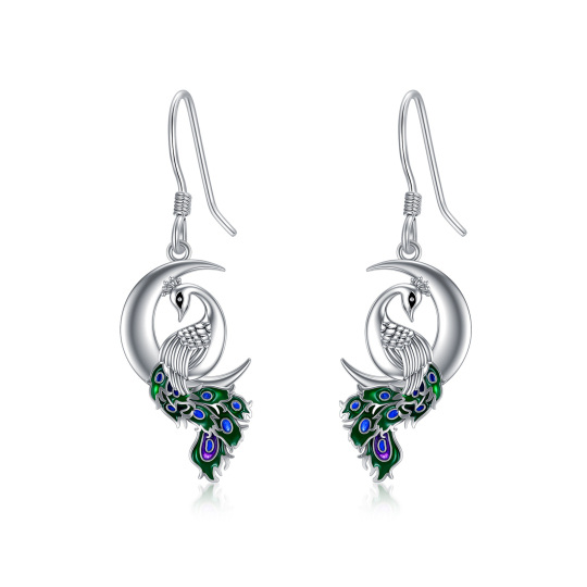 Pendants d'oreilles paon et lune en argent sterling