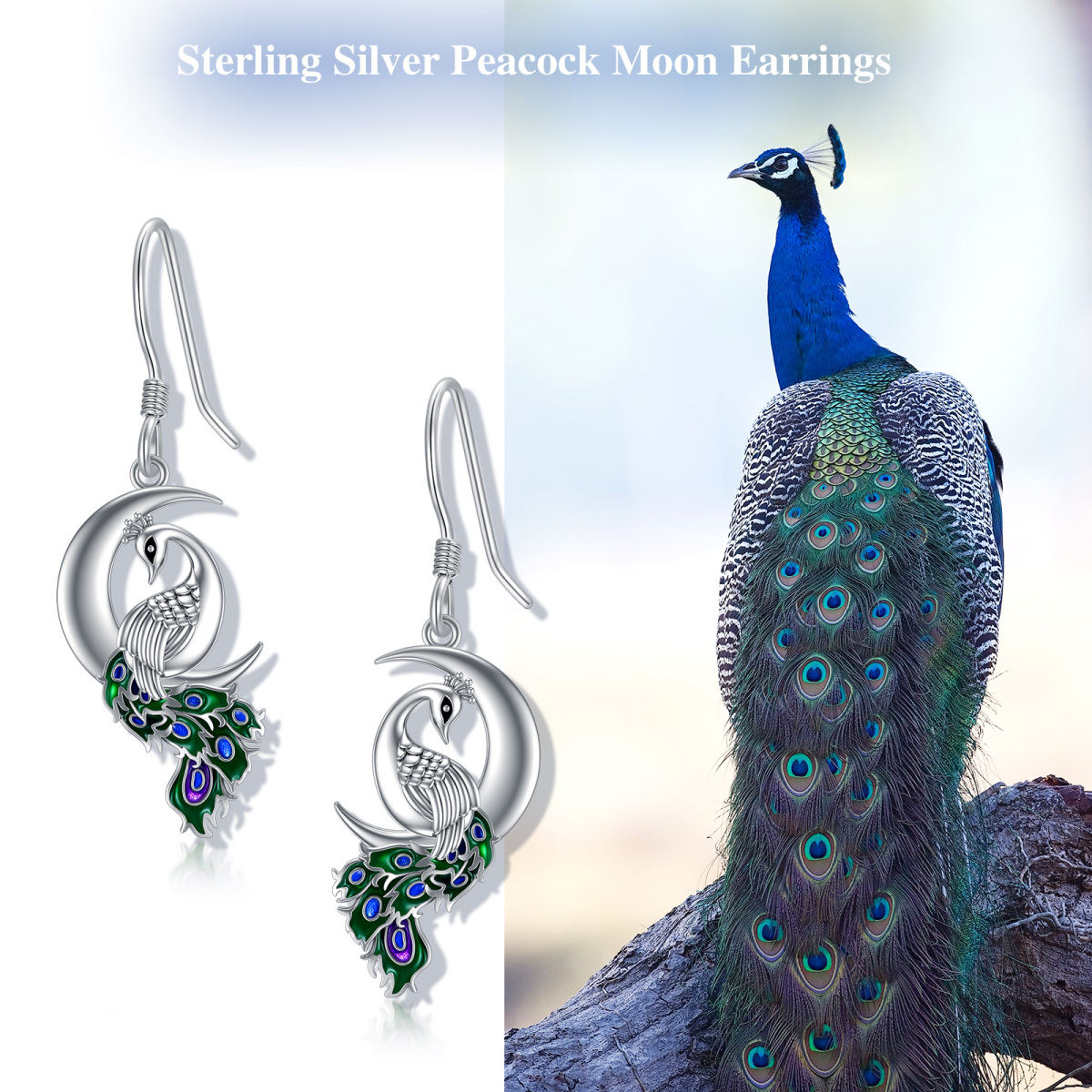 Sterling Silver Peacock & Moon Drop Earrings-3