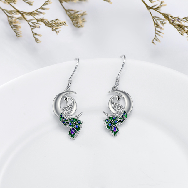 Sterling Silver Peacock & Moon Drop Earrings-4