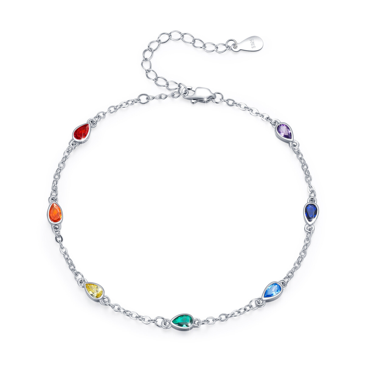 Sterling Silver Pear Cubic Zirconia Chakras Single Layer Anklet for Girls Women-1