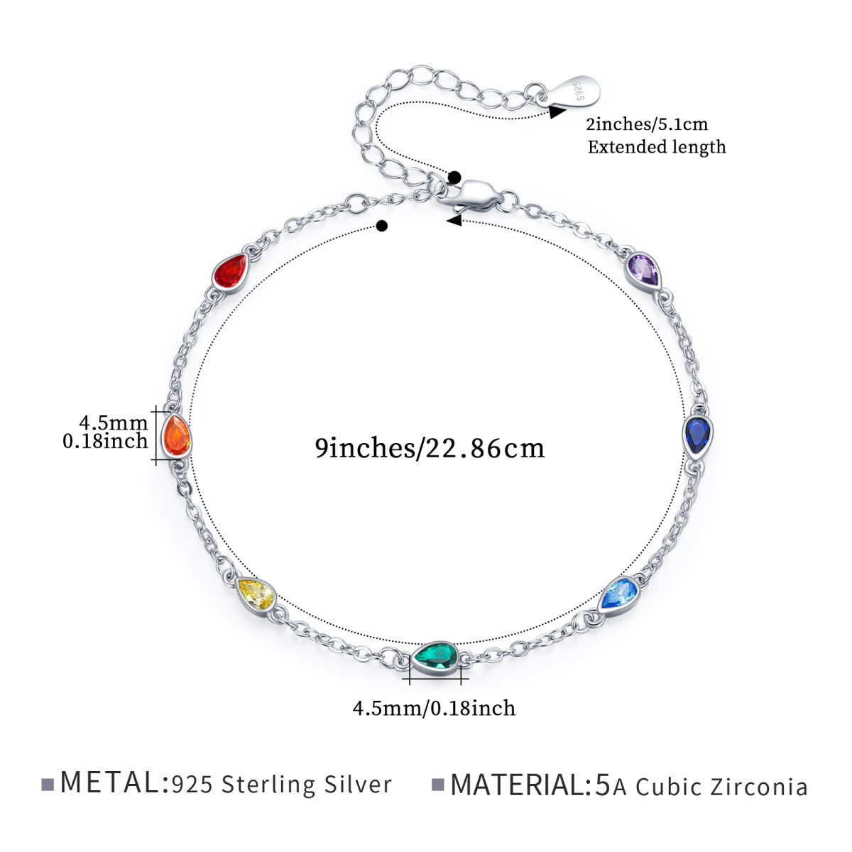 Tobillera de una sola capa con chakras y circonita cúbica en forma de pera de plata esterlina para niñas y mujeres-4