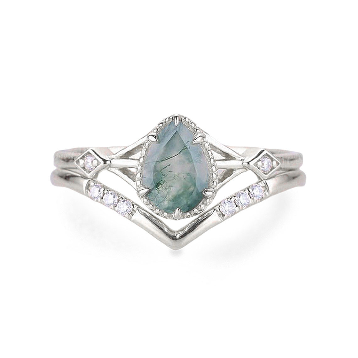 Sterling Silver Pear Cut Moss Agate Engagement Ring Embellished with Moissanite-1