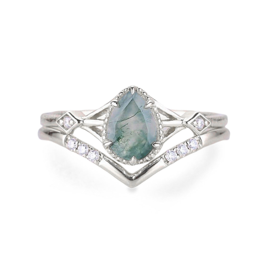 Bague de fiançailles en argent sterling avec agate mousse taille poire ornée de moissanite