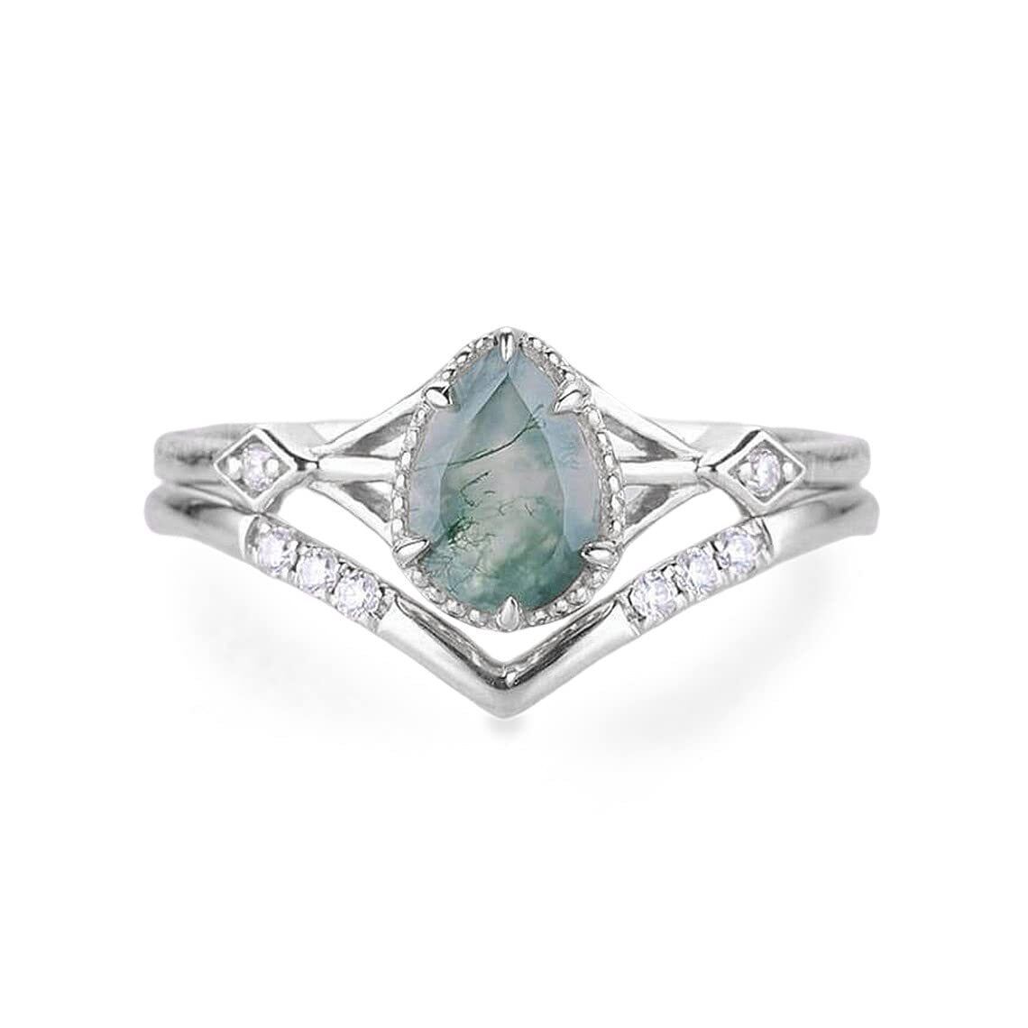 Sterling Silver Pear Cut Moss Agate Engagement Ring Embellished with Moissanite-2