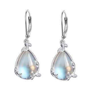 Sterling Silver Pear Moonstone Leaves Drop Lever-back Earrings for Women-2