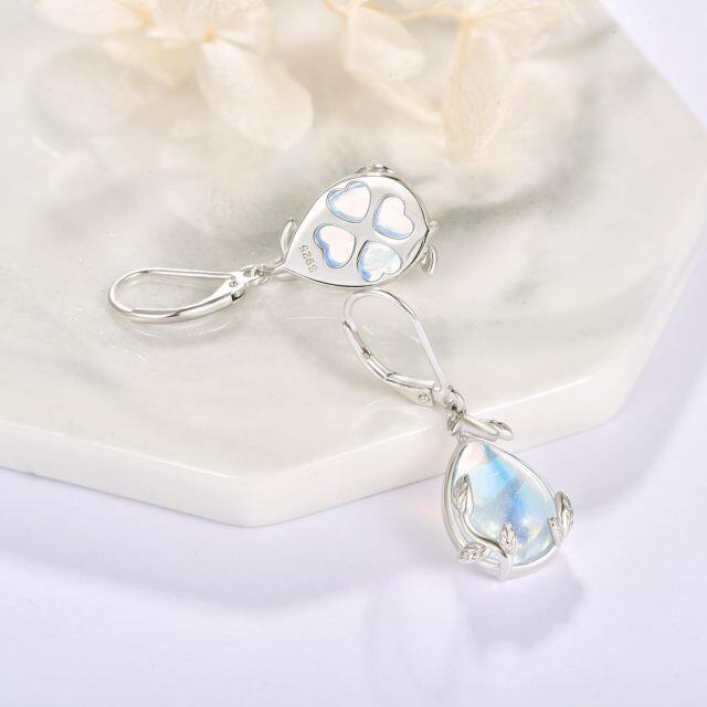 Sterling Silver Pear Moonstone Leaves Drop Lever-back Earrings for Women-5