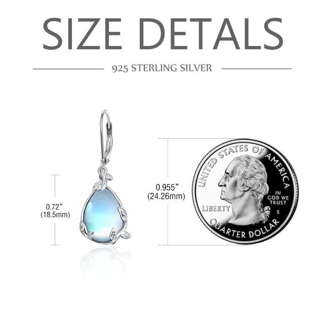 Sterling Silver Pear Moonstone Leaves Drop Lever-back Earrings for Women-6