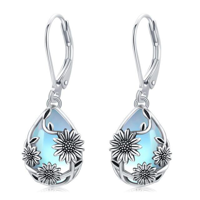 Sterling Silver Pear Moonstone Sunflower Drop Lever-back Earrings-1