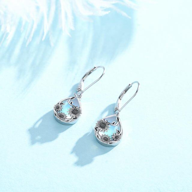 Sterling Silver Pear Moonstone Sunflower Drop Lever-back Earrings-3