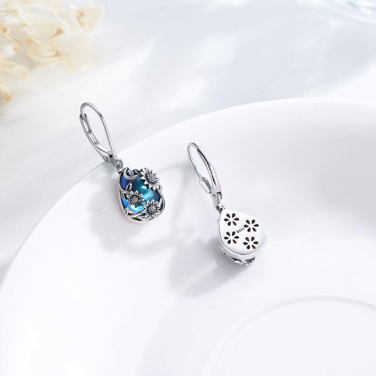 Sterling Silver Pear Moonstone Sunflower Drop Lever-back Earrings-4