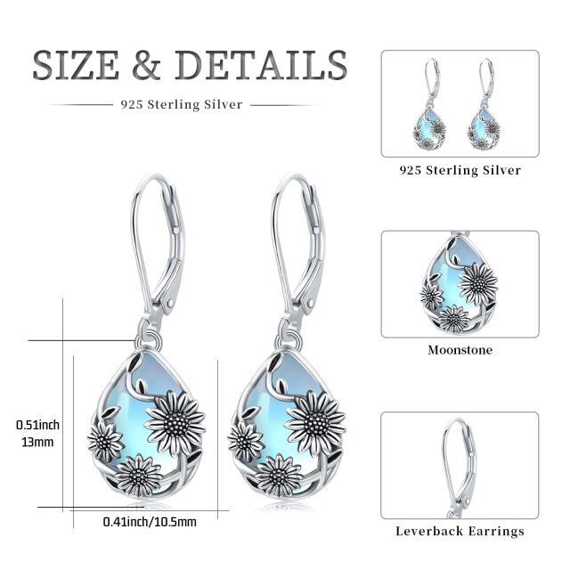 Sterling Silver Pear Moonstone Sunflower Drop Lever-back Earrings-5