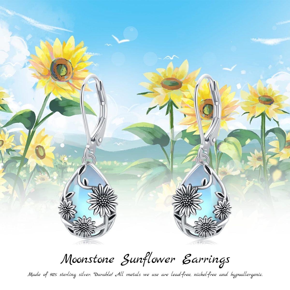 Sterling Silber Birne Mondstein Sonnenblume Tropfen Brisur Ohrringe-6