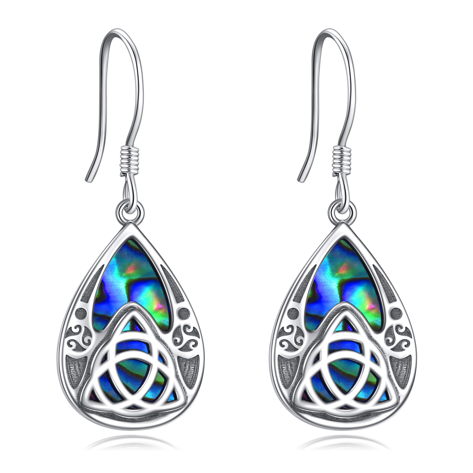 Image of Sterling Silver Pear Shaped Abalone Shellfish Celtic Knot & Drop Shape Drop Earrings