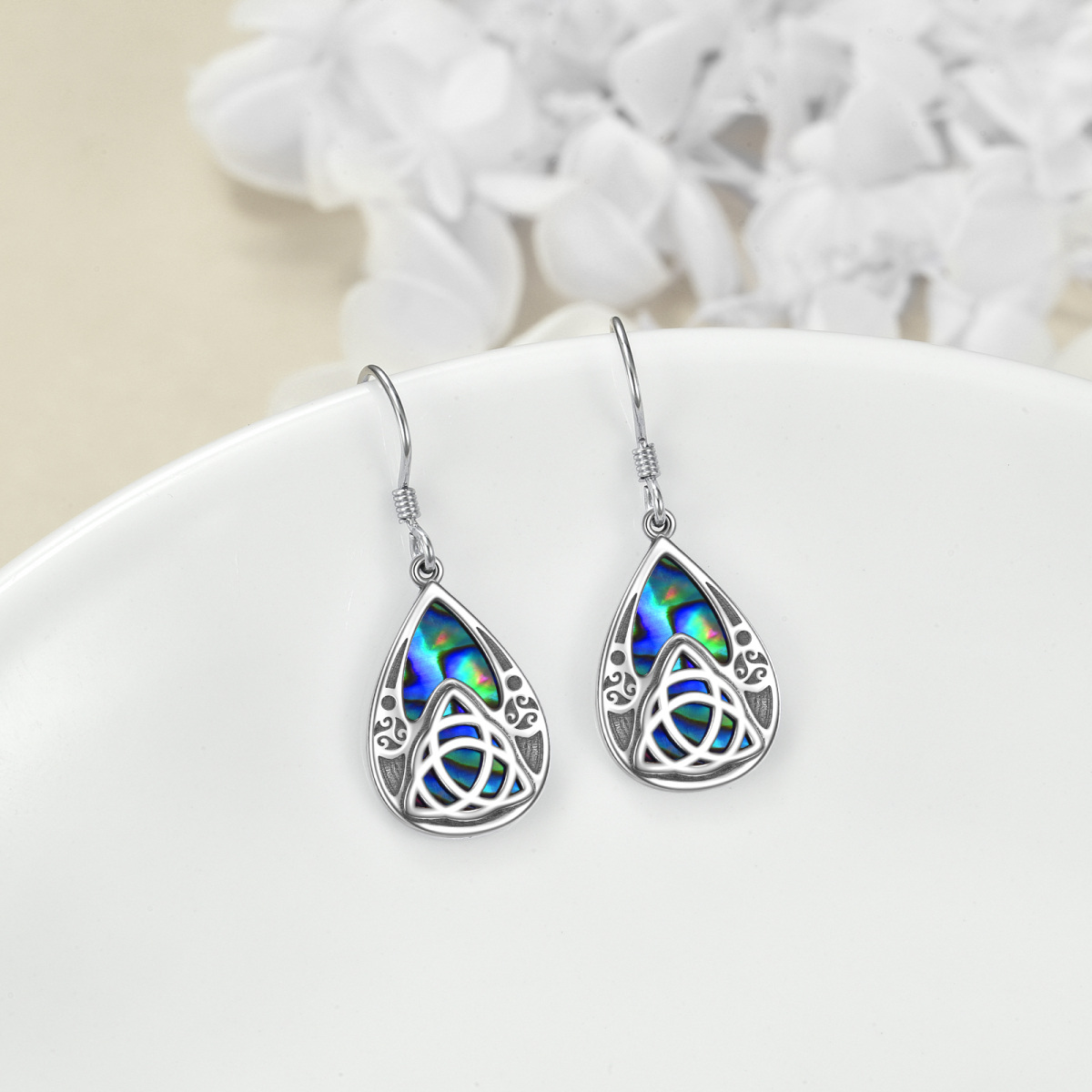 Sterling Silver Pear Shaped Abalone Shellfish Celtic Knot & Drop Shape Drop Earrings-3