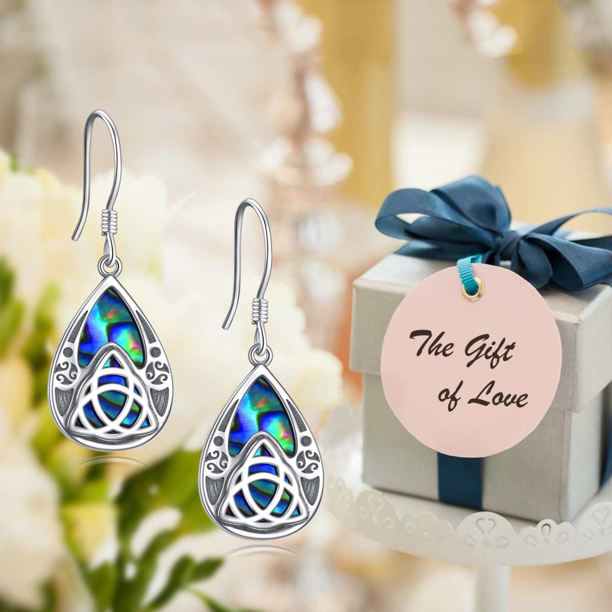 Sterling Silver Pear Shaped Abalone Shellfish Celtic Knot & Drop Shape Drop Earrings-6