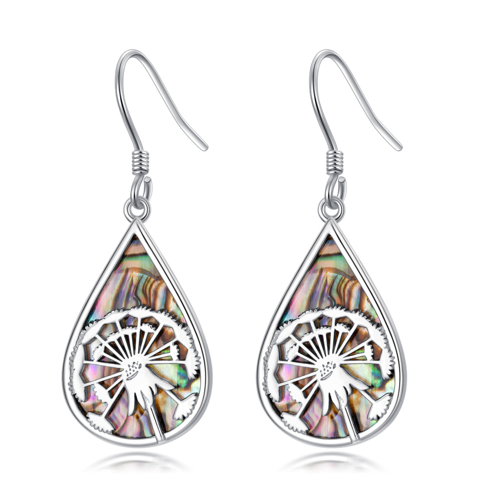 Sterling Silver Pear Abalone Shellfish Dandelion Drop Earrings For Women-1