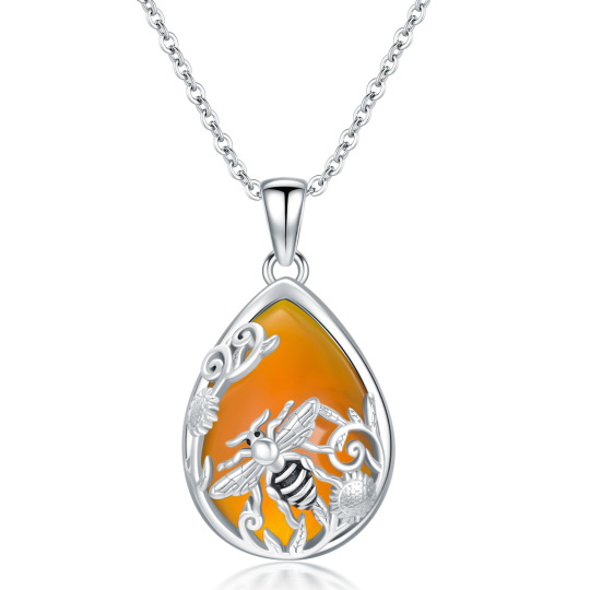 Sterling Silver Pear Shaped Agate Bee & Sunflower Pendant Necklace