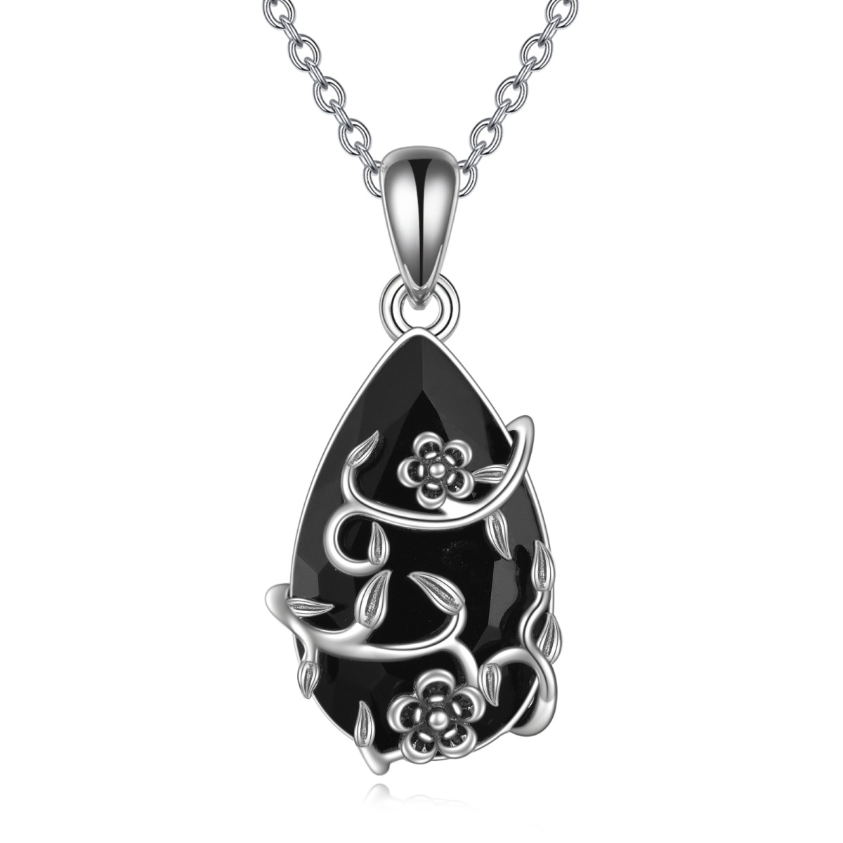 Sterling Silver Pear Shaped Agate Rose Pendant Necklace-1