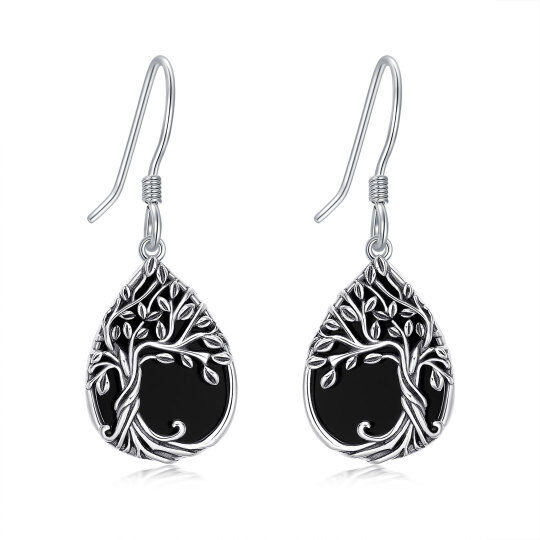 Sterling Silver Pear Shaped Agate Tree Of Life & Drop Shape Drop Earrings