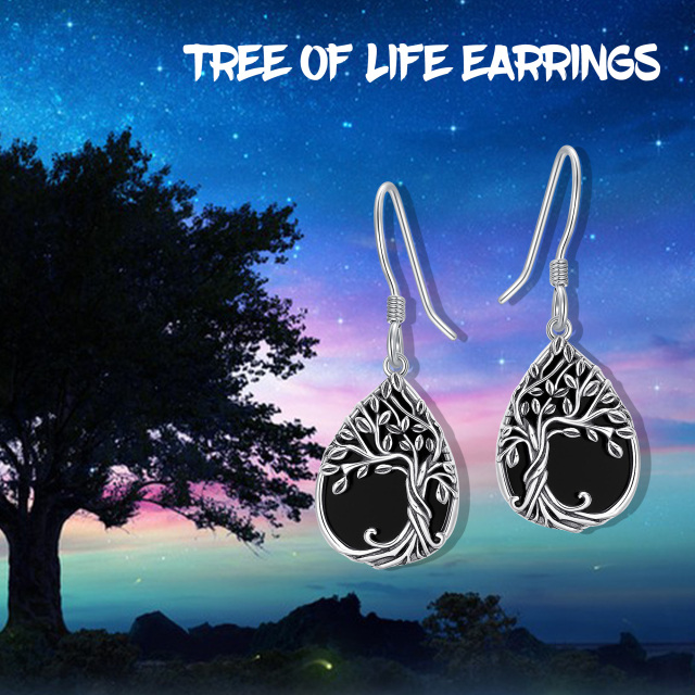 Sterling Silver Pear Shaped Agate Tree Of Life & Drop Shape Drop Earrings-5