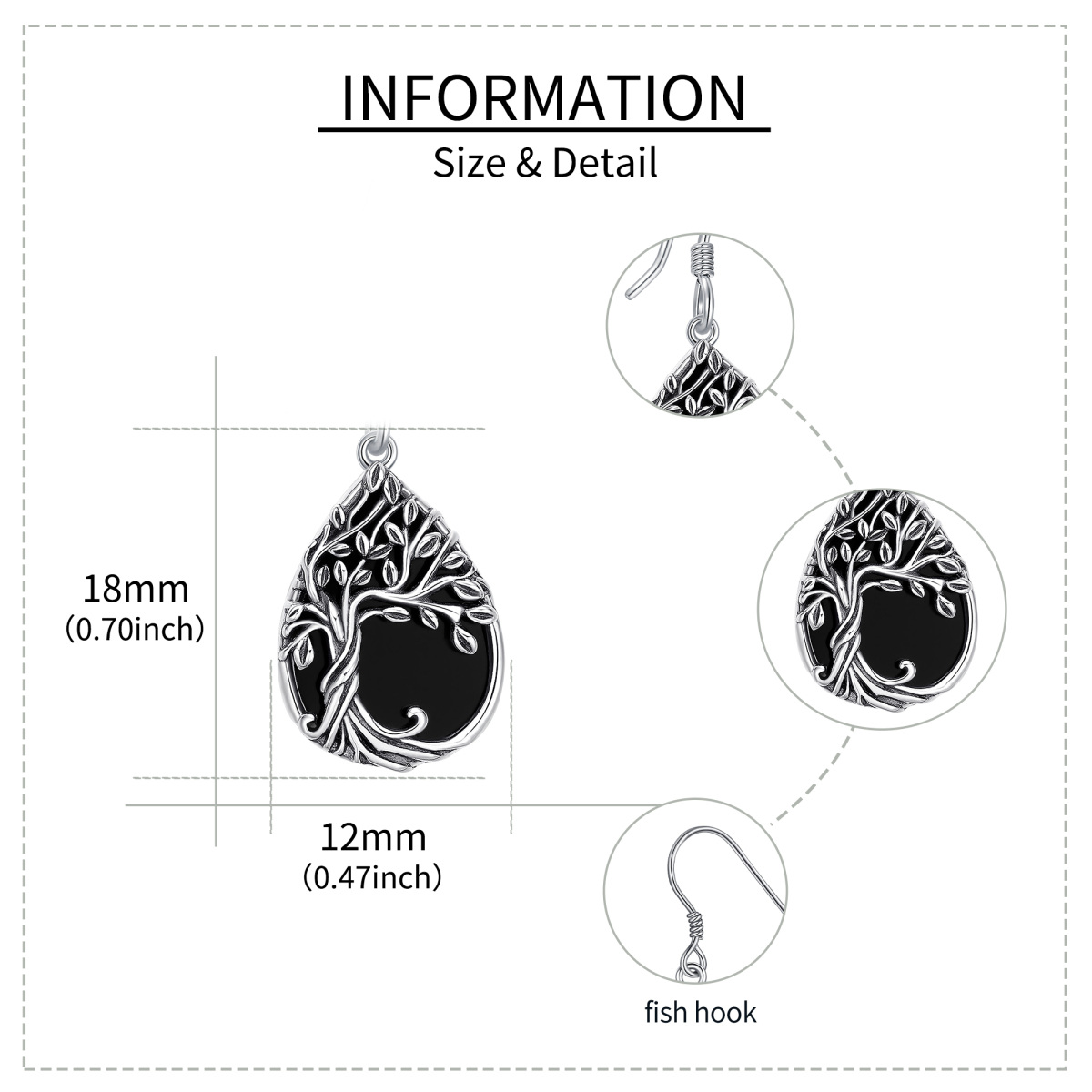 Sterling Silver Pear Shaped Agate Tree Of Life & Drop Shape Drop Earrings-6