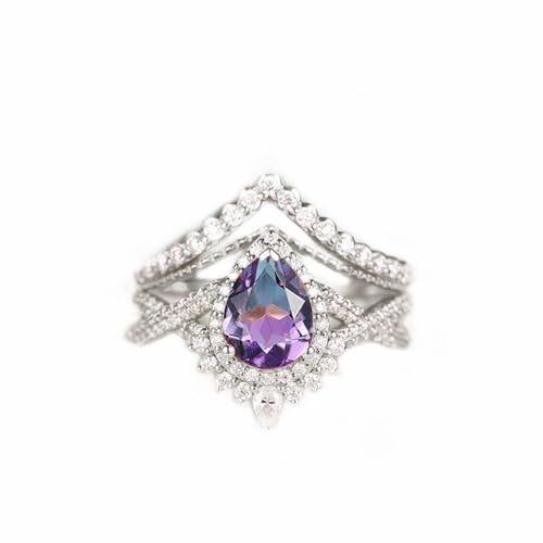 Sterling Silber Birne geformt Amethyst personalisierte Gravur & Paar Verlobungsring-2