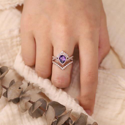 Sterling Silver Pear Shaped Amethyst Personalized Engraving & Couple Engagement Ring-4