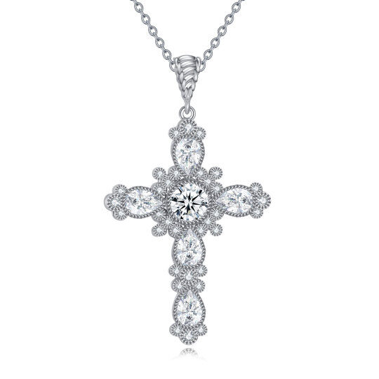 Sterling Silver Pear Shaped Crystal Cross Pendant Necklace