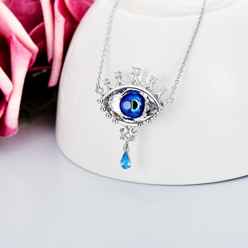 Sterling Silver Pear Shaped Crystal Evil Eye Pendant Necklace-3