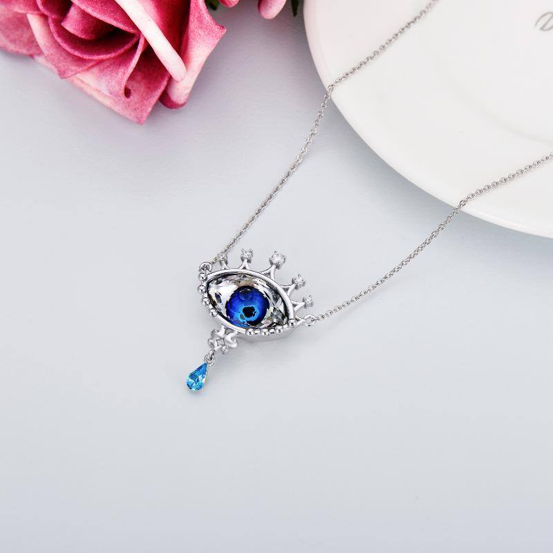 Sterling Silver Pear Shaped Crystal Evil Eye Pendant Necklace-4