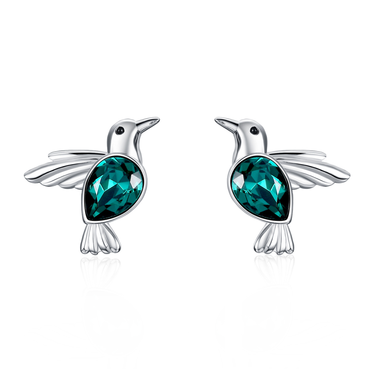 Sterling Silver Pear Shaped Crystal Hummingbird Stud Earrings-1