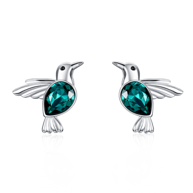 Sterling Silver Pear Shaped Crystal Hummingbird Stud Earrings