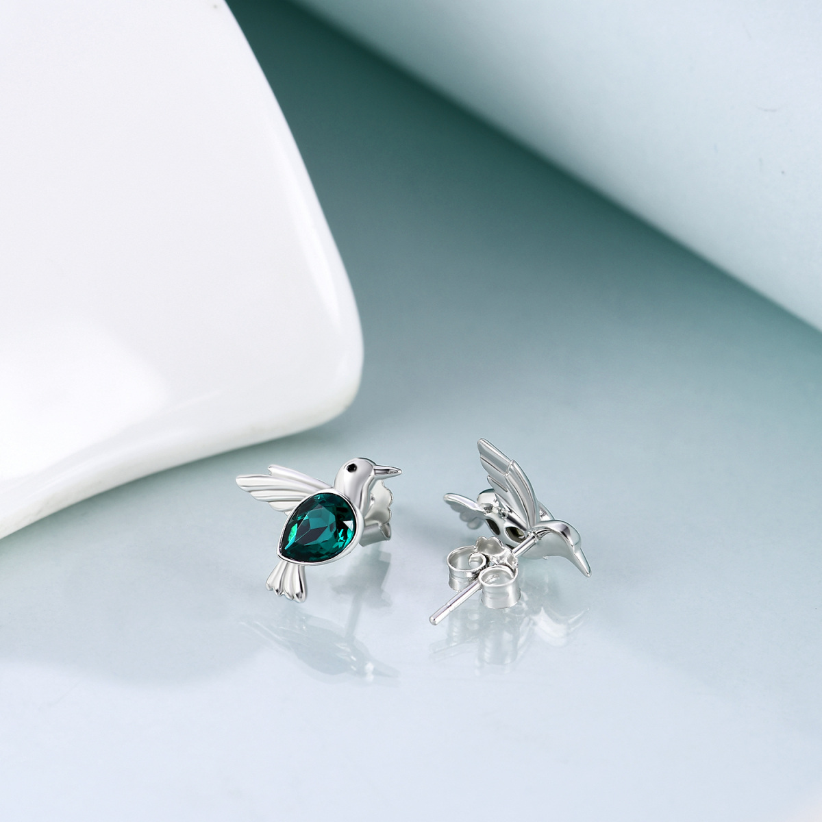 Sterling Silver Pear Shaped Crystal Hummingbird Stud Earrings-4