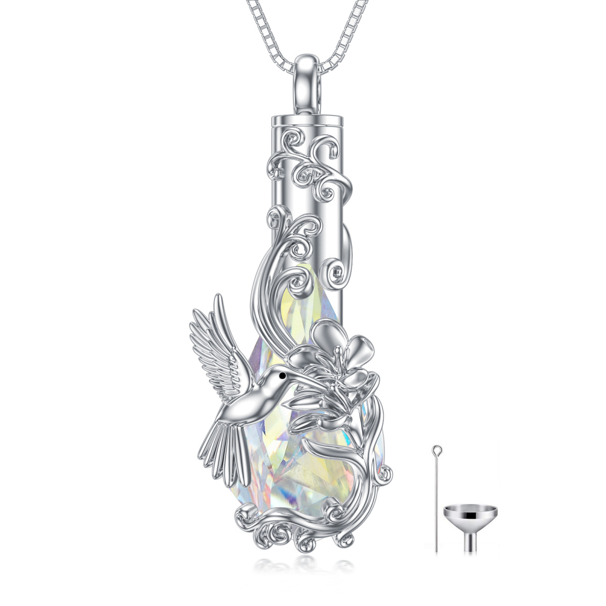 Collier en argent sterling avec urne en cristal en forme de poire Colibri et violette-1