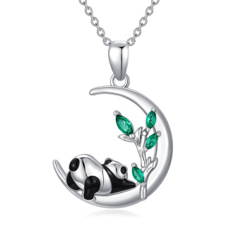 Sterling Silver Pear Shaped Crystal Panda & Moon Pendant Necklace-3