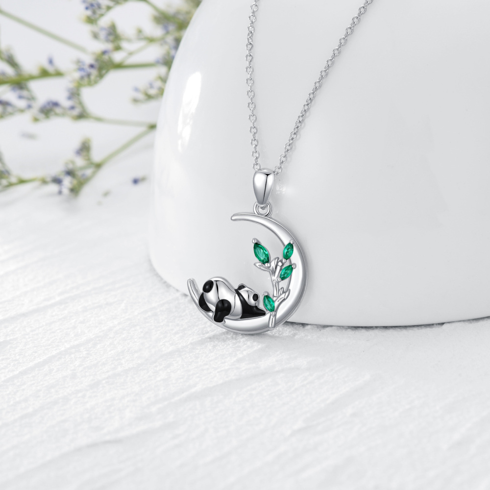 Colar Panda Prata Esterlina Panda Lua Colar Pingente com Cristal Verde-4