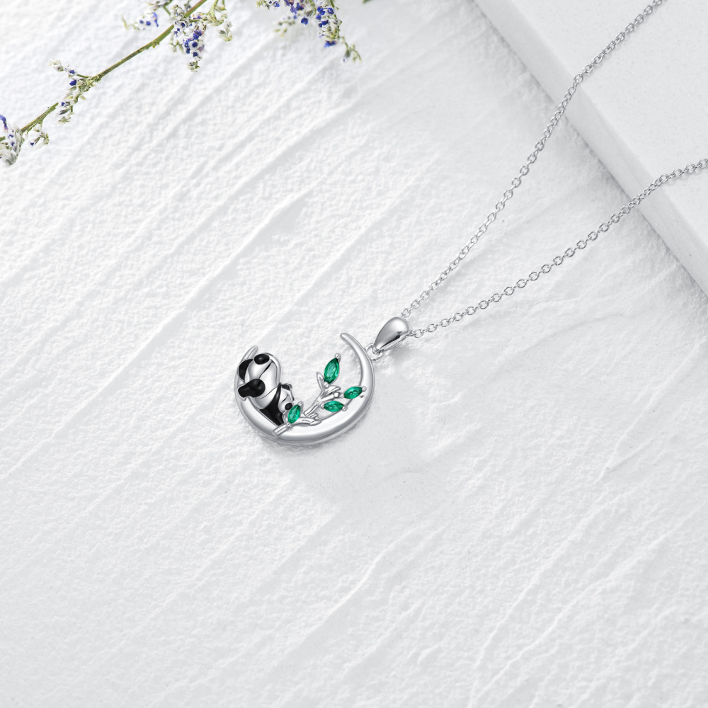 Colar Panda Prata Esterlina Panda Lua Colar Pingente com Cristal Verde-5