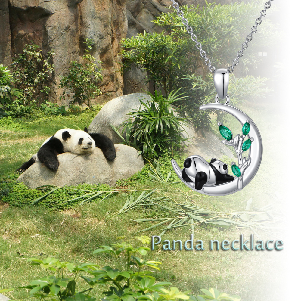 Colar Panda Prata Esterlina Panda Lua Colar Pingente com Cristal Verde-6