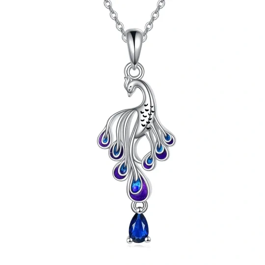 Sterling Silver Pear Shaped Crystal Peacock Pendant Necklace