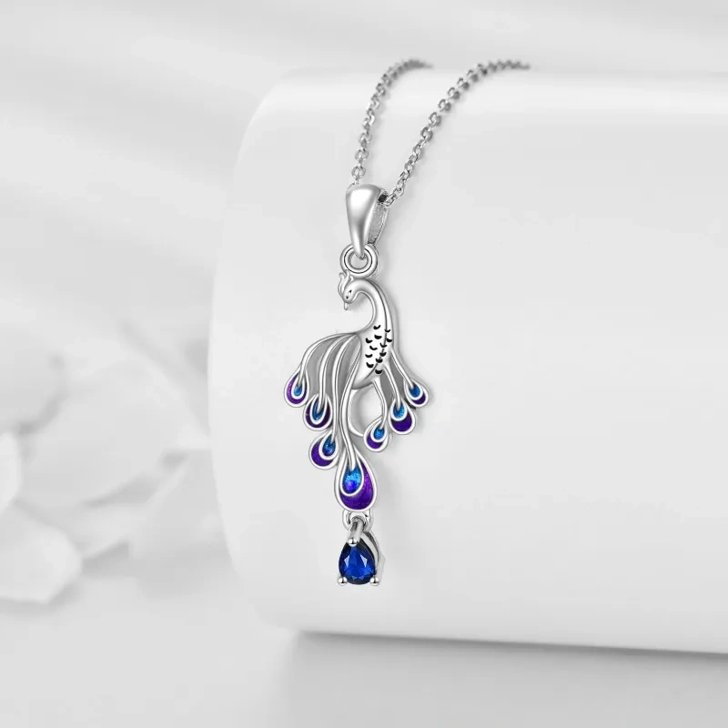 Sterling Silver Pear Shaped Crystal Peacock Pendant Necklace-3