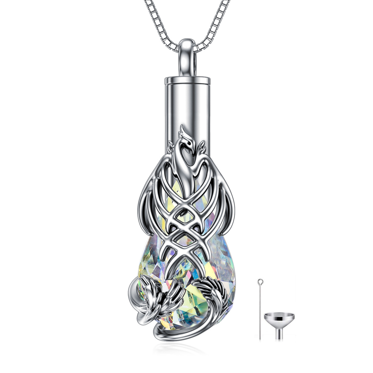 Collana con urna in argento sterling a forma di pera e fenice di cristallo a forma di goccia per le ceneri-1