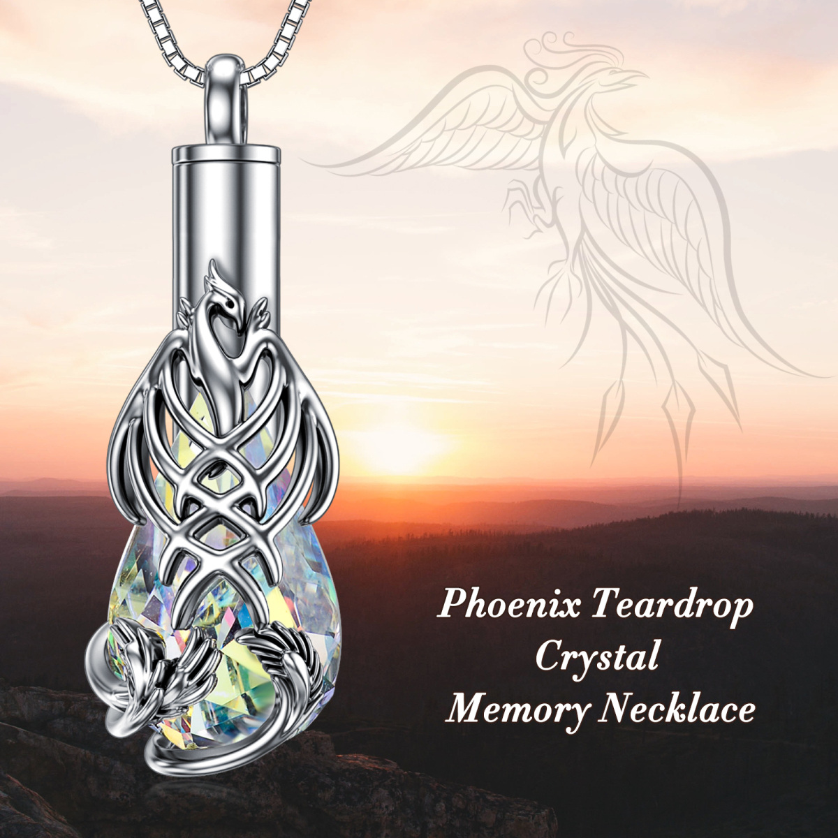 Sterling zilveren peervormige kristal Phoenix & Drop vorm Urn ketting voor as-5