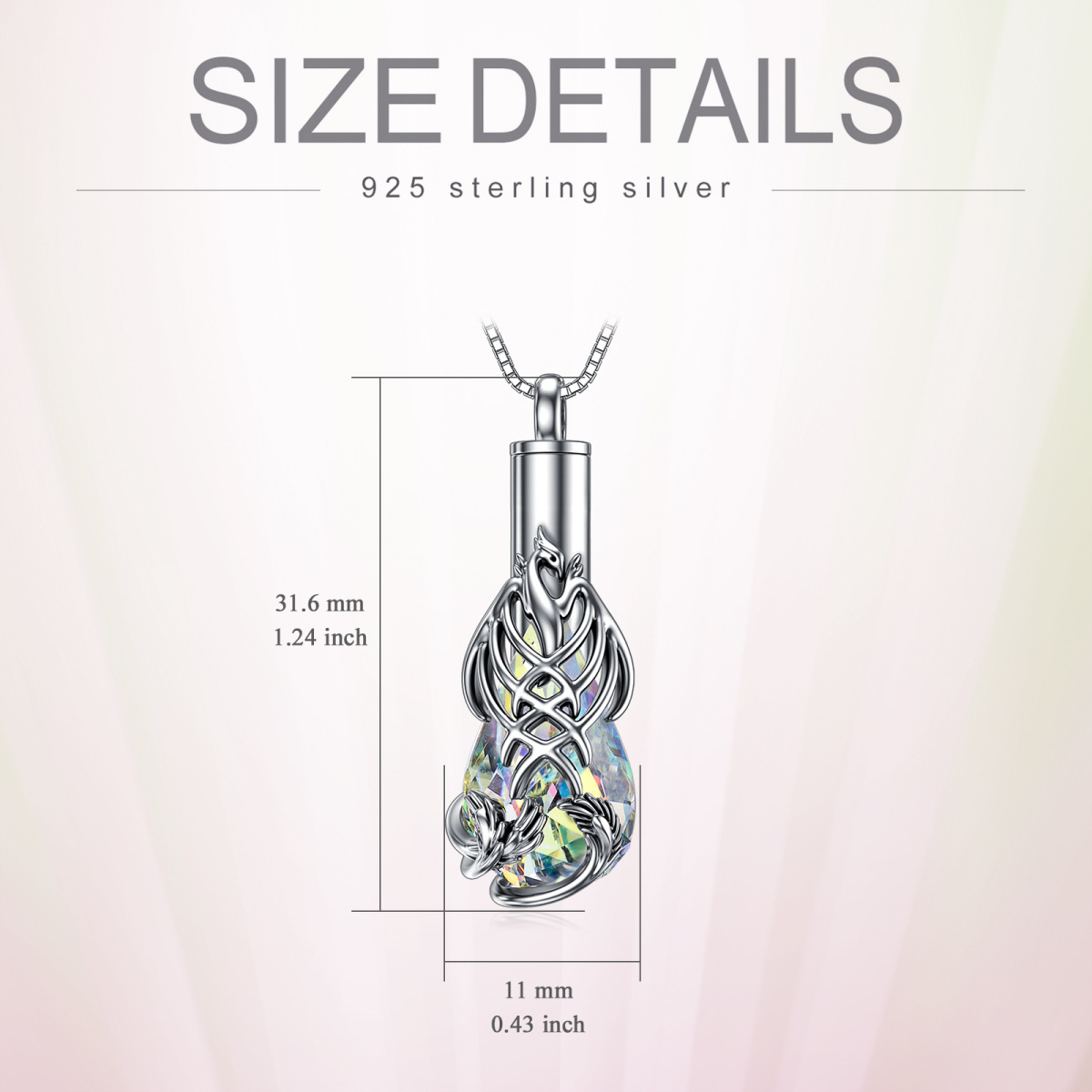 Sterling zilveren peervormige kristal Phoenix & Drop vorm Urn ketting voor as-6