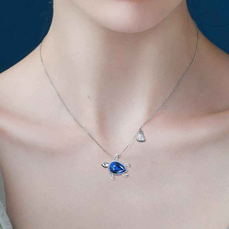 Sterling Silver Pear Shaped Crystal Sea Turtle Pendant Necklace-2