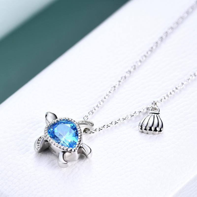 Sterling Silver Pear Shaped Crystal Sea Turtle Pendant Necklace-3