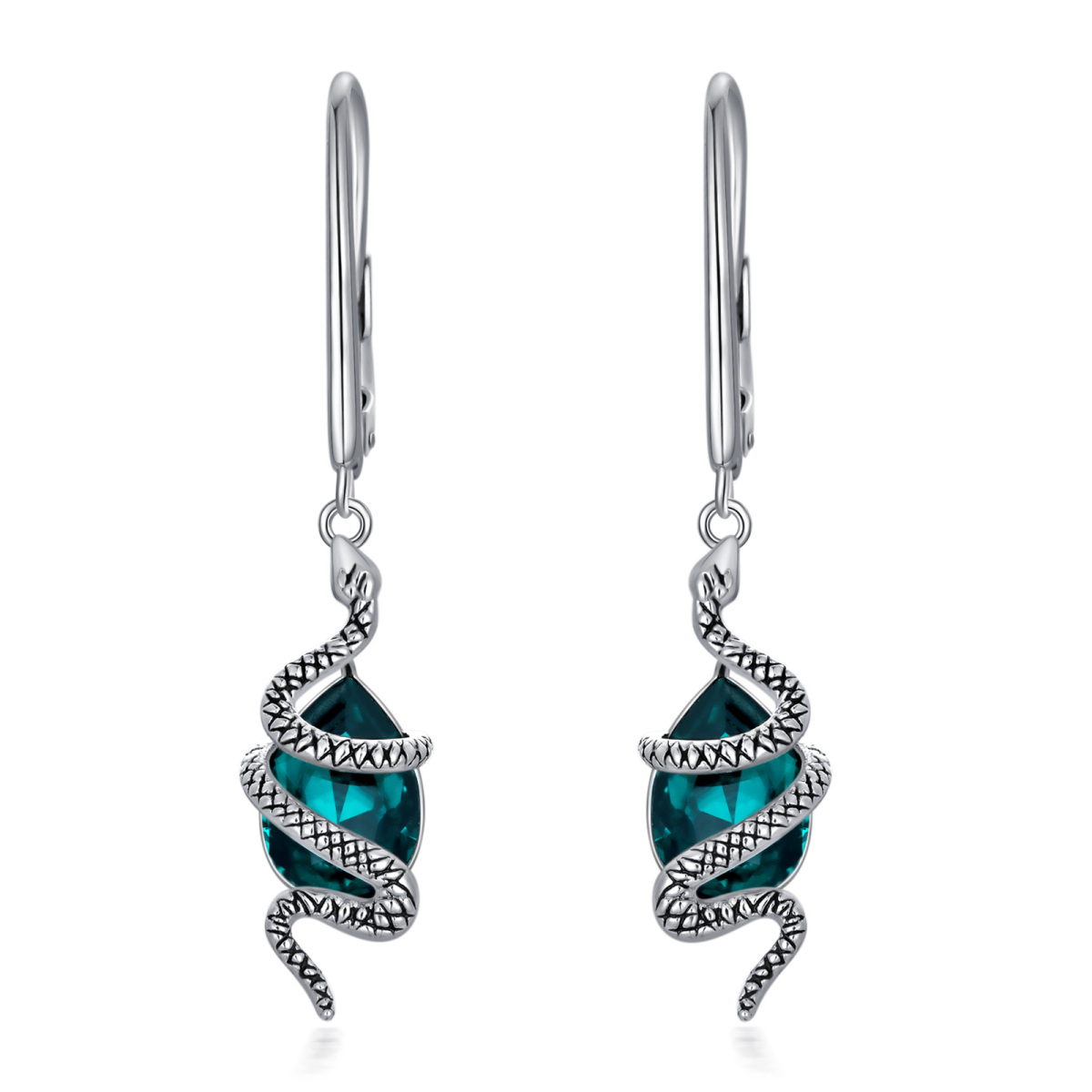 Sterling Silver Pear Shaped Crystal Snake Drop Earrings-1